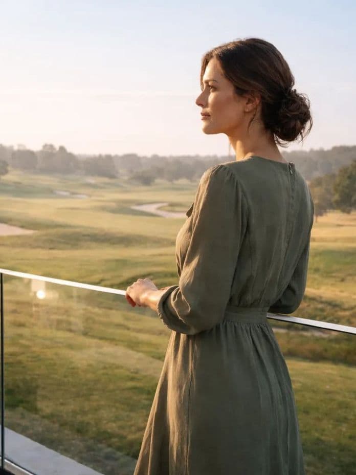 A woman in a green dress stands on a balcony overlooking a scenic golf course with sand traps, trees, and a blue sky.
