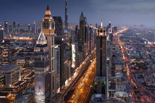 Dubai commercial district at night
