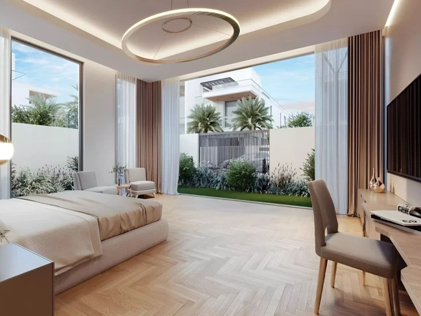 Spacious bedroom with large windows, modern furniture, wood flooring, and a garden view. Circular ceiling light adds elegance.