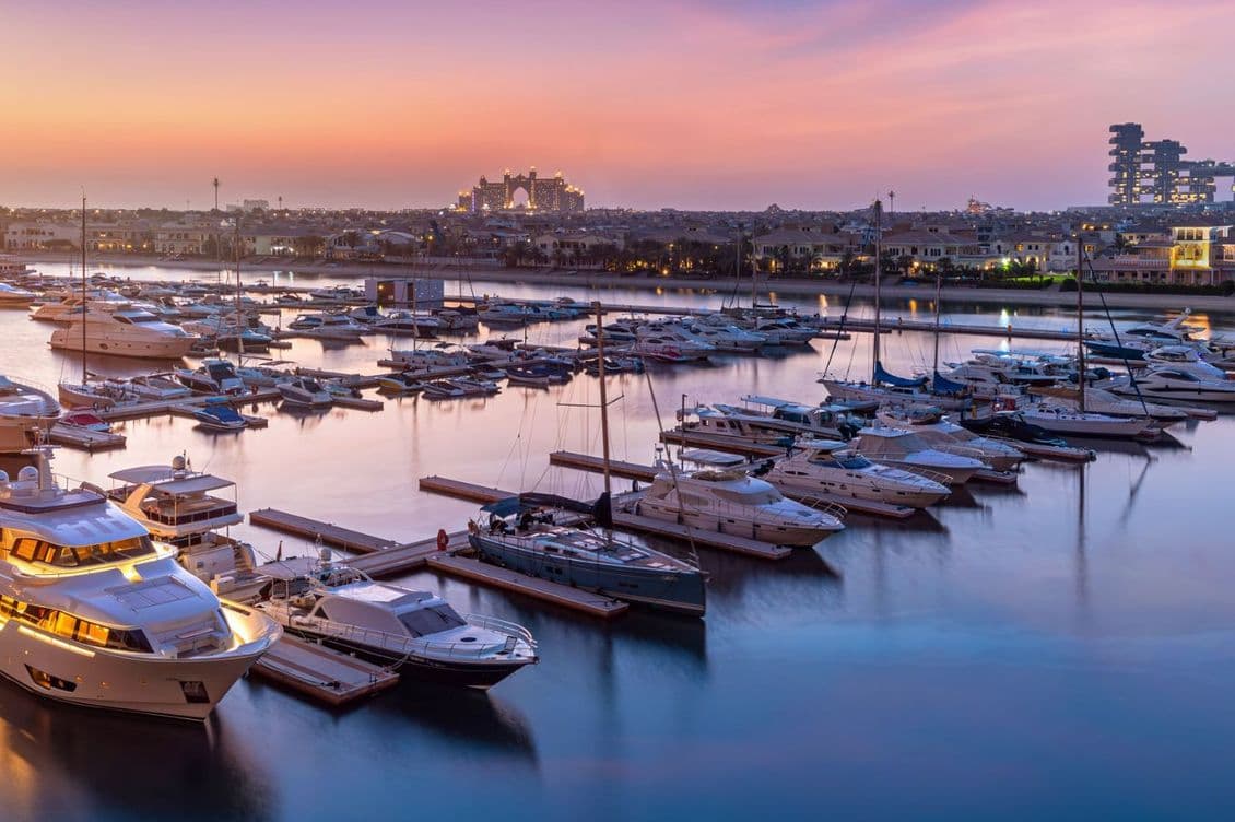 Marina at sunset with numerous boats docked in calm water, cityscape and a pink-purple sky in the background.