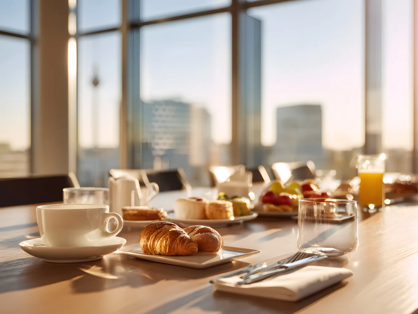 Sunlit breakfast spread on a table by tall windows, with croissants, pastries, coffee cup, juice, fruit, and glassware, city skyline in background. AI-generated image