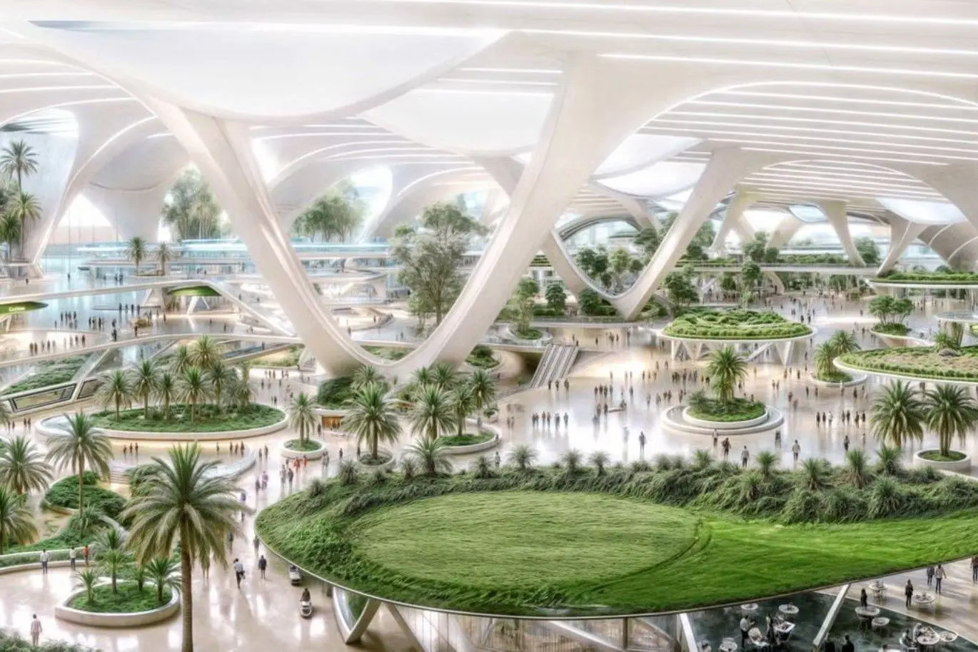 Al Maktoum Airport terminal with lush greenery, modern white architecture, and curved elements, filled with people walking and interacting.