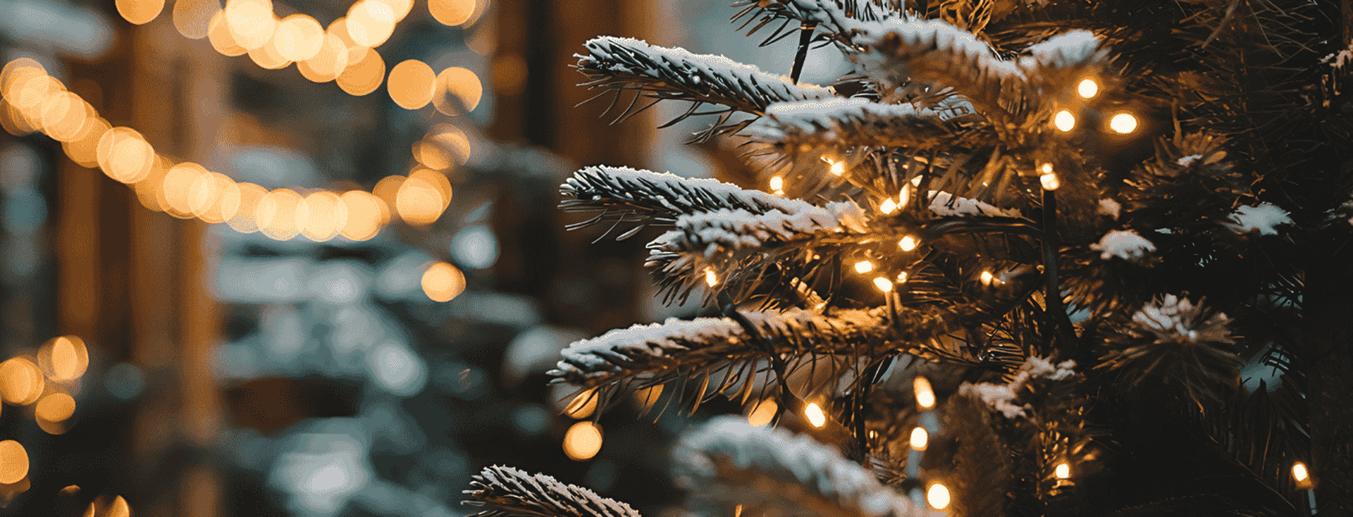 Close Up Christmas Tree with Snow and lights