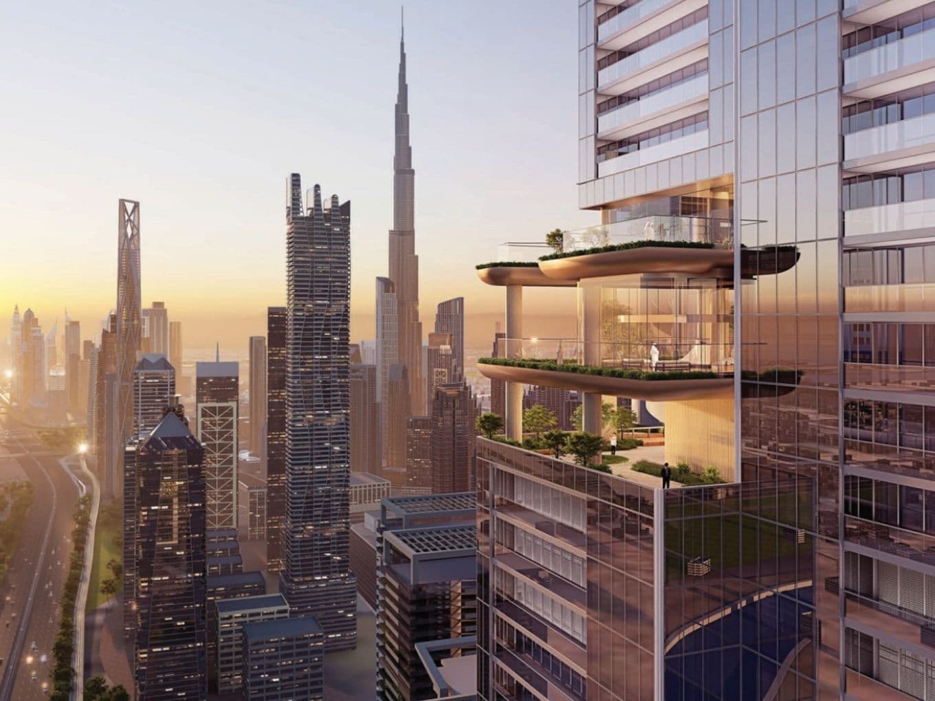 Sobha Skyparks at sunset with Burj Khalifa in the background, featuring a luxurious balcony with greenery in the foreground.