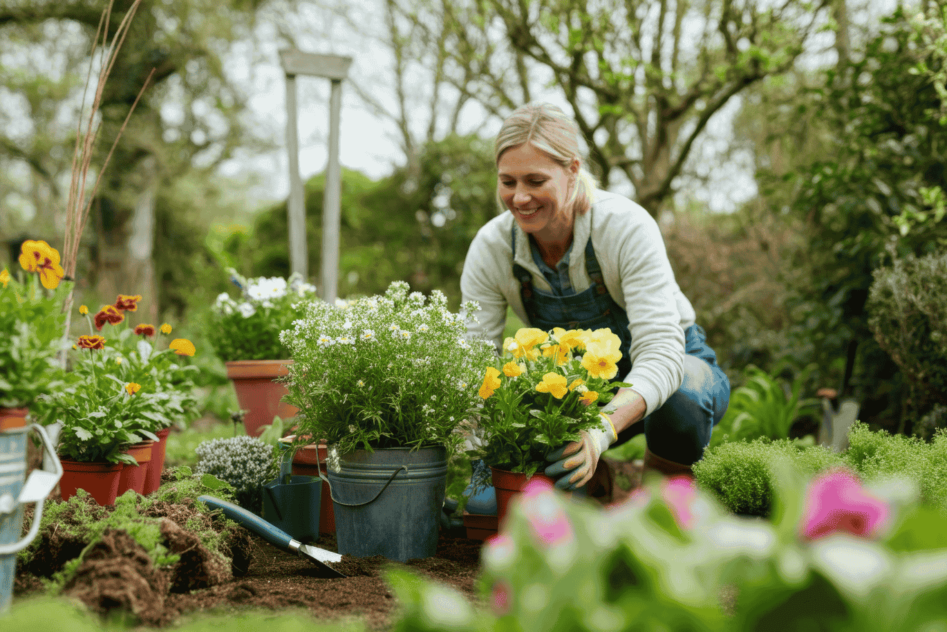A woman gardening, wearing overalls, smiles while planting vibrant flowers in a lush, green garden, surrounded by potted plants and tools.