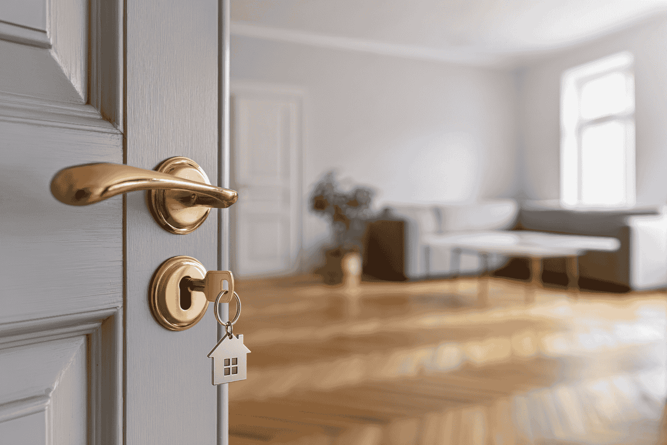 Eine leicht geöffnete Tür mit einem Schlüsselanhänger mit einem Haussymbol im Schloss, hinter der sich ein helles Wohnzimmer mit einer Pflanze und einem Sofa im Hintergrund zeigt.