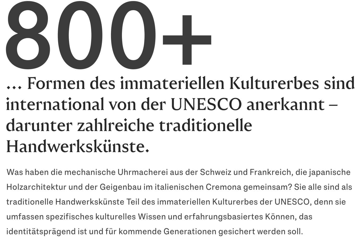 Ein Text, der die Anerkennung von über 800 Formen des immateriellen Kulturerbes durch die UNESCO hervorhebt, darunter traditionelles Handwerk.