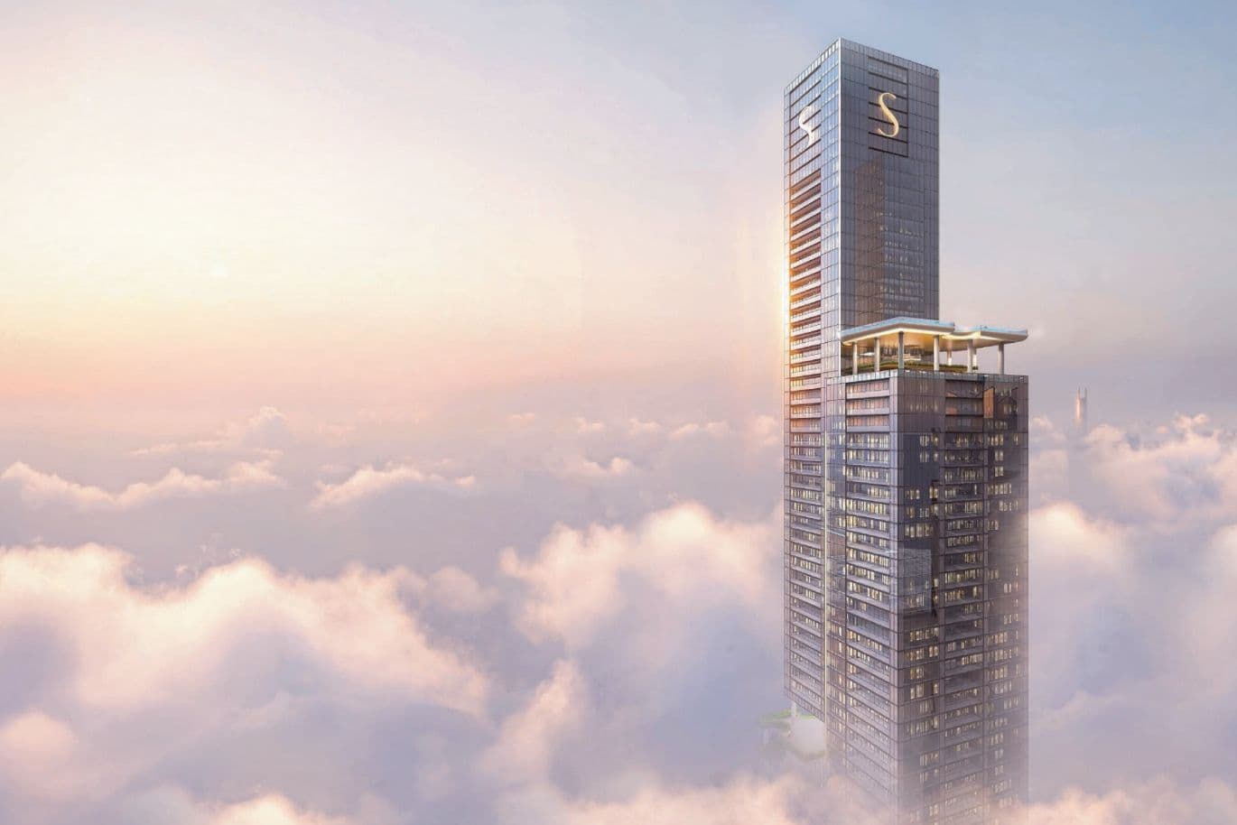 Tall skyscraper piercing through clouds at sunrise, with a modern design and prominent logo near the top, surrounded by a serene sky.