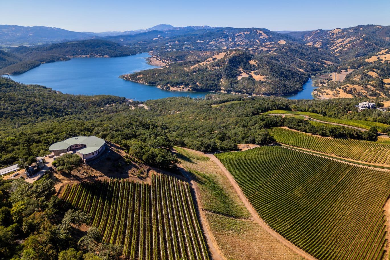 Luftaufnahme eines Weinbergs mit einem großen Haus, umgeben von Hügeln und einem blauen See unter klarem Himmel.