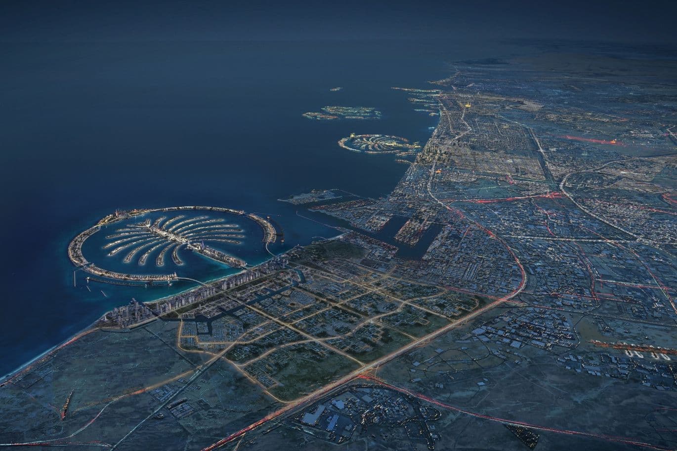 Aerial view of Dubai showing Palm Jebel Ali and Palm Jumeirah along Dubai's coastline