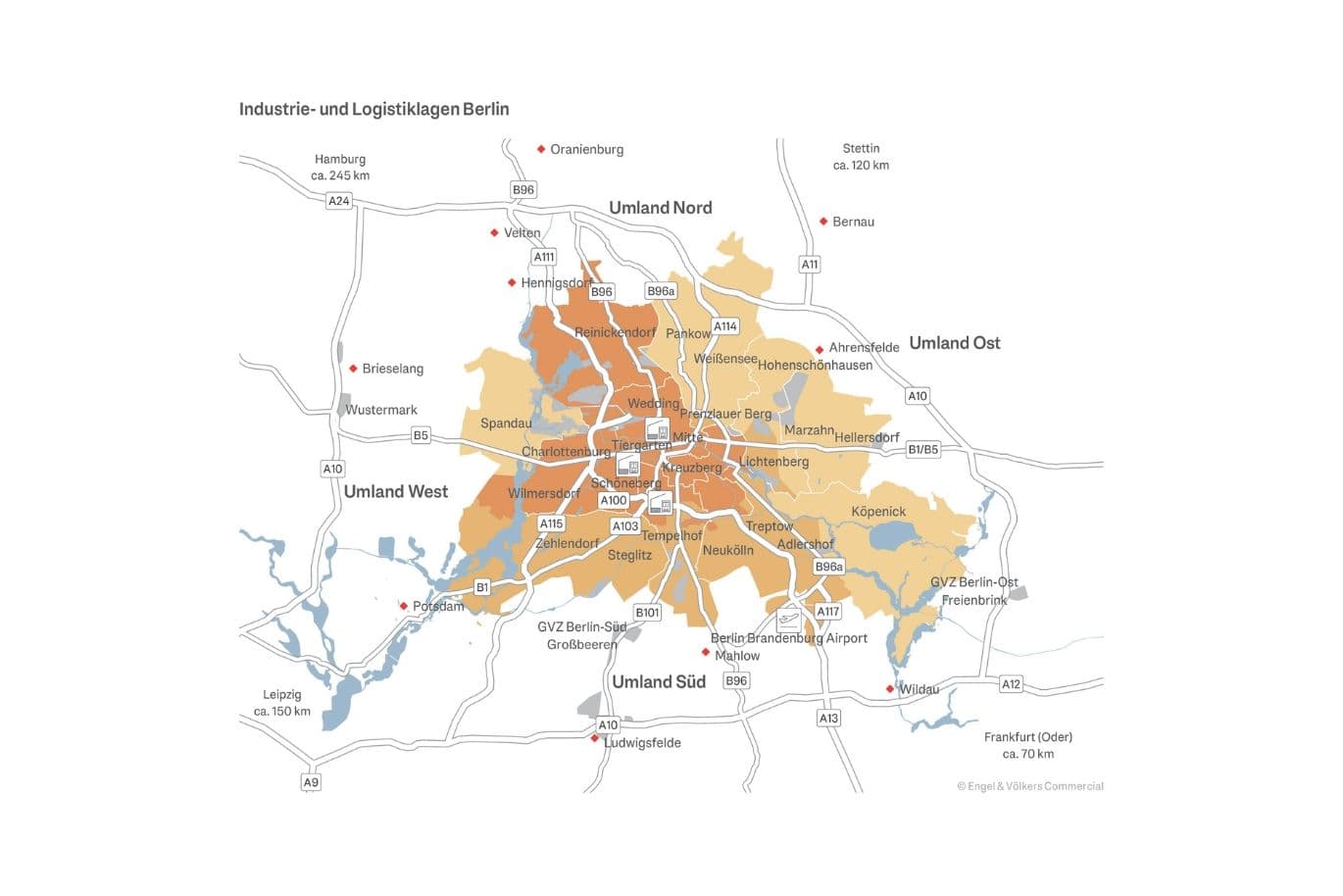 Map of Berlin's industrial and logistics areas, highlighting regions in varying shades with major roads and surrounding cities labeled.
