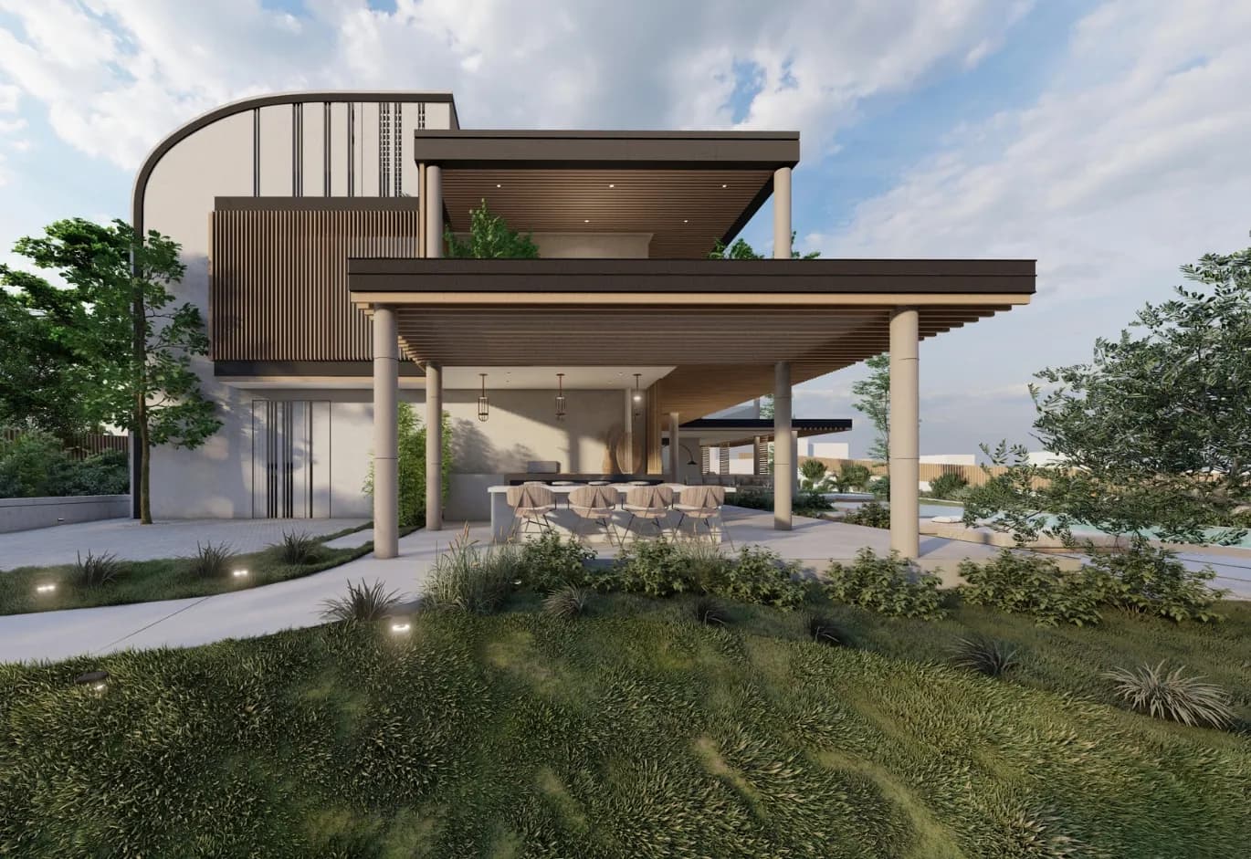 Modern villa exterior featuring wood-slat screening, covered outdoor dining area under a large pergola, landscaped lawn, and poolside patio (AI-generated). AI-generated image