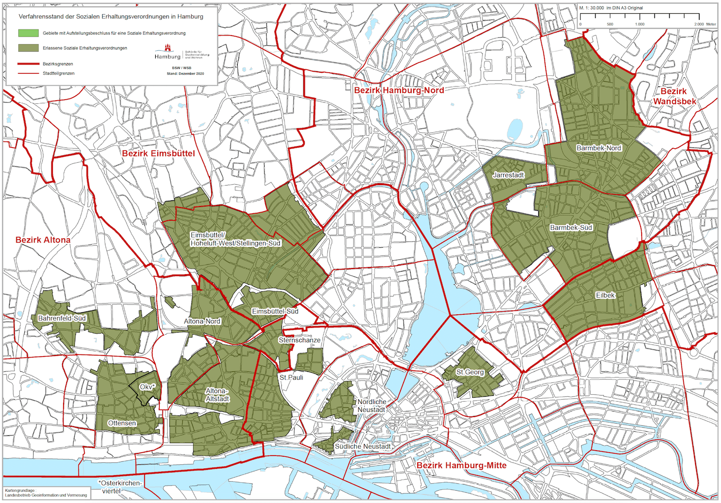 Karte der sozialen Erhaltungsgebiete in Hamburg