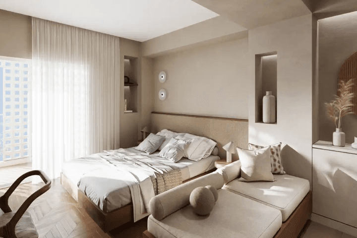 Indoor rendering of a luxury newly built bedroom