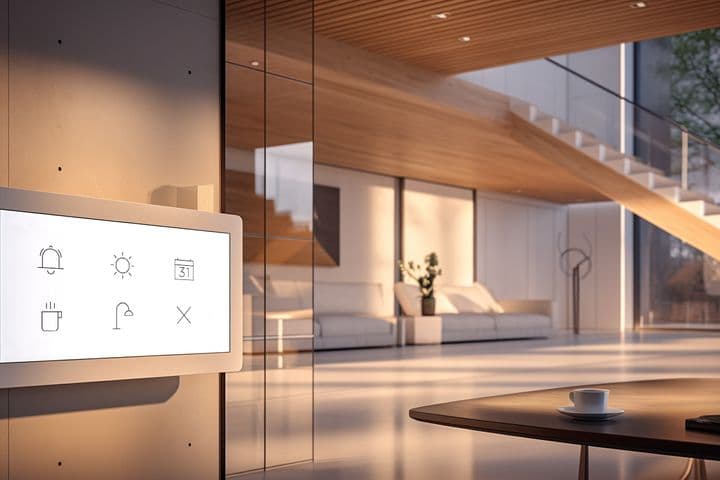 Modern living room with a wall-mounted smart home display, sleek staircase, large windows, and a table with a coffee cup in a bright setting.