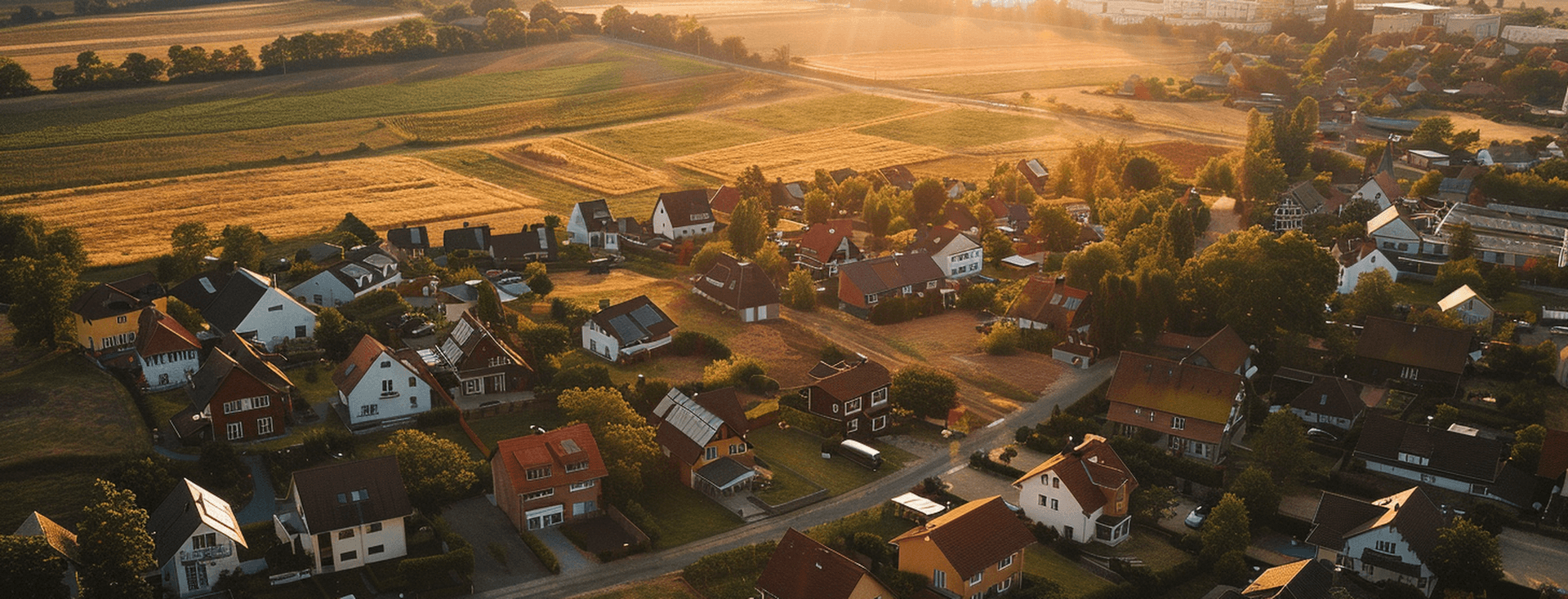Aerial view of a small village with red-roof houses, green lawns and patchwork farmland bathed in golden sunset.