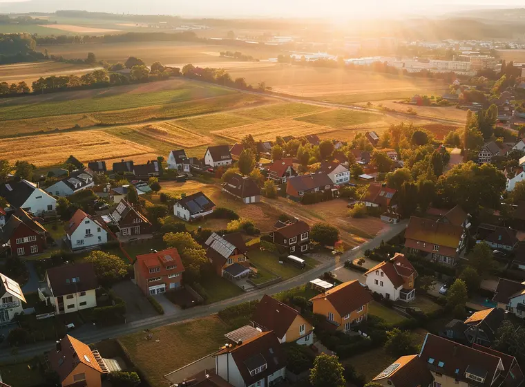 Aerial view of a small village with red-roof houses, green lawns and patchwork farmland bathed in golden sunset.
