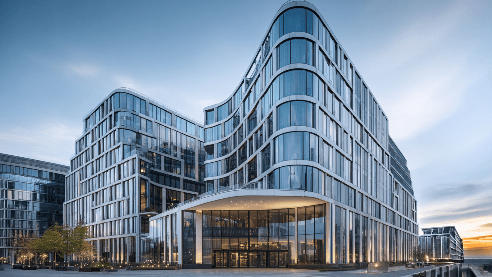 Modern glass office building with curved architecture, multiple floors, and illuminated entrance at dusk. Cloudy sky and sunset in the background.