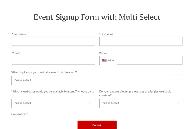 Event signup form with fields for name, email, phone, topics of interest, event dates, dietary preferences, and a red "Submit" button.