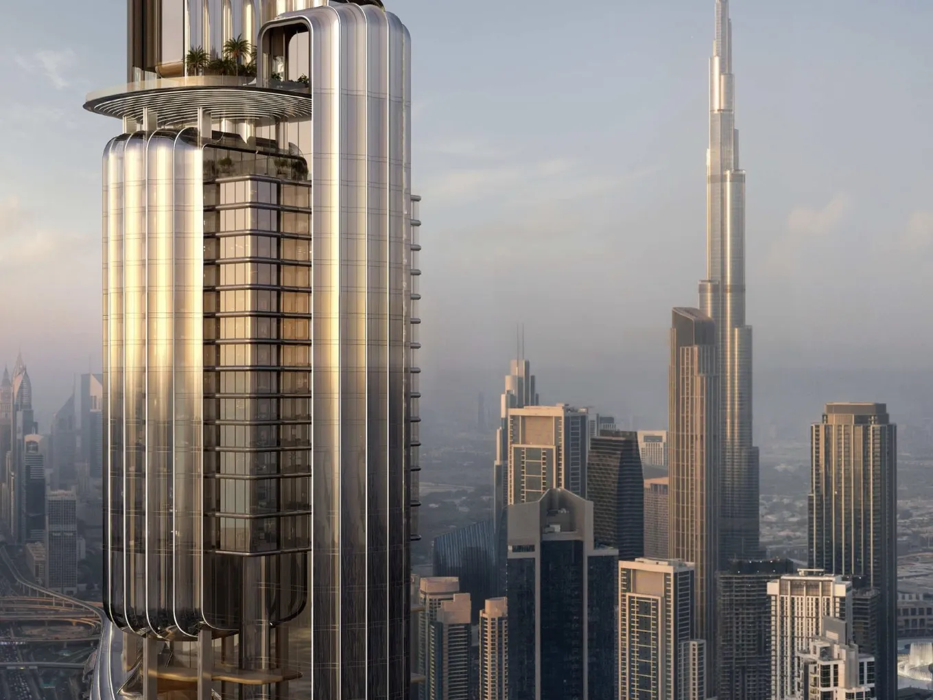 Futuristic skyscraper with a curved design and rooftop gardens, set against a city skyline with a taller iconic tower in the background at sunset.
