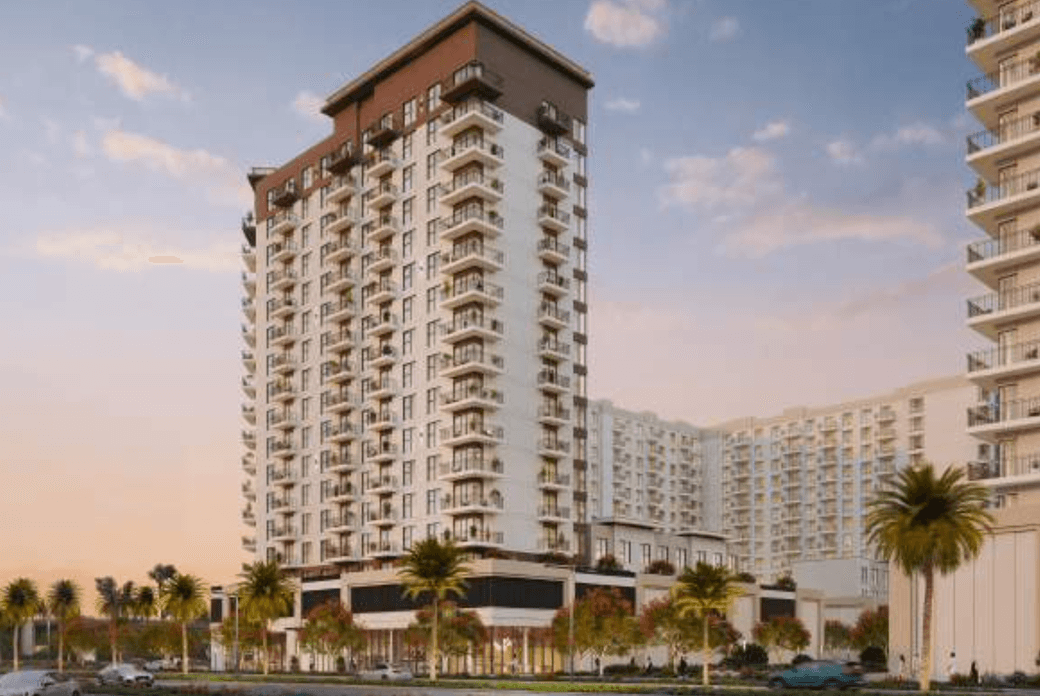 Exterior view of Rosewell in Town Square Dubai with modern architectural lines and landscaped surroundings.