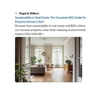 Elegant living room with large windows, wooden floors, plants, and modern furniture. Text overlay about sustainability in real estate by Engel & Völkers.