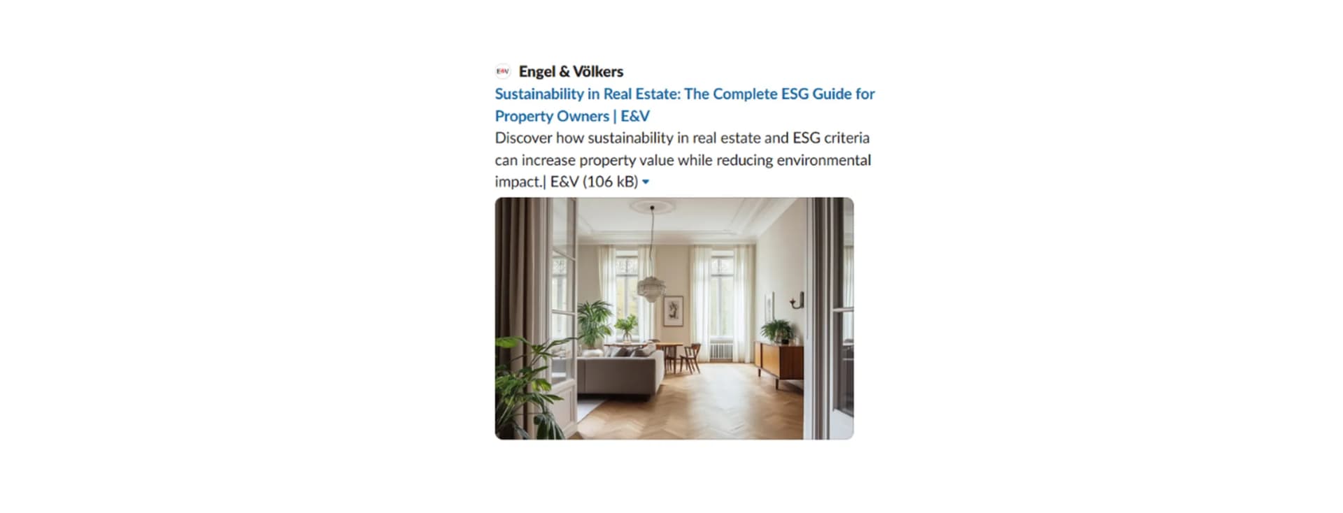 Elegant living room with large windows, wooden floors, plants, and modern furniture. Text overlay about sustainability in real estate by Engel & Völkers.