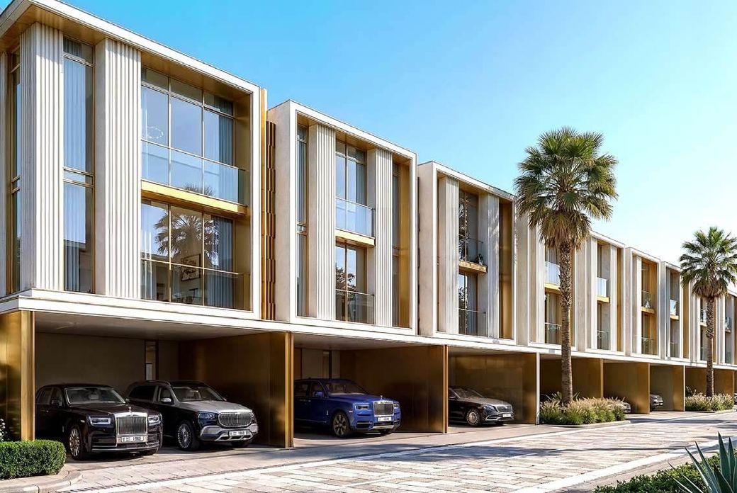 Modern three-story row of homes with large glass windows, palm trees, and luxury cars parked in the driveways on a sunny day.