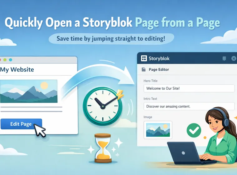 Illustration of quickly editing a Storyblok page with a website, clock, sand timer, and user working on a laptop. Text: “Quickly Open a Storyblok Page.”