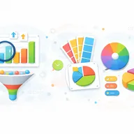 Illustration of charts: bar graph with magnifier, funnel, color palette, pie charts, and a paintbrush, representing data analysis and design.