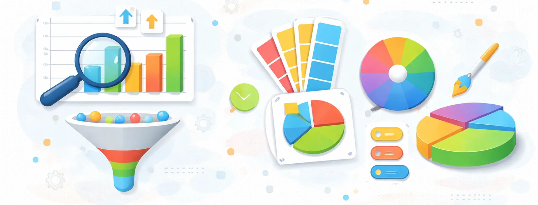 Illustration of charts: bar graph with magnifier, funnel, color palette, pie charts, and a paintbrush, representing data analysis and design.