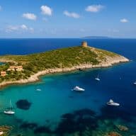 Aerial view of a small island with lush greenery, a historic tower, turquoise waters, and several boats anchored near the shore under a clear blue sky.