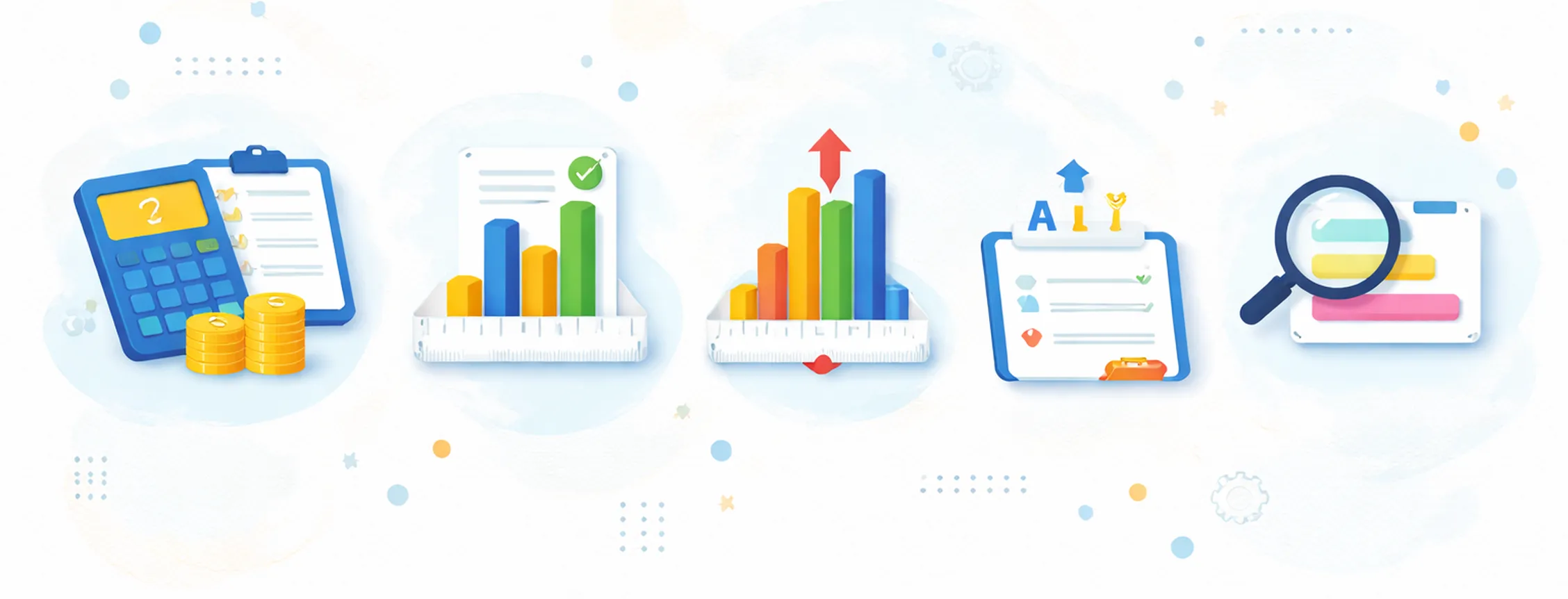 Illustrated financial concept with a calculator, bar graphs, checklist, and magnifying glass, symbolizing analysis and planning.