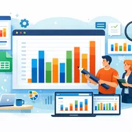 Team analyzing colorful bar charts on digital screens, with laptops, tablets, and data icons, depicting collaborative data analysis.