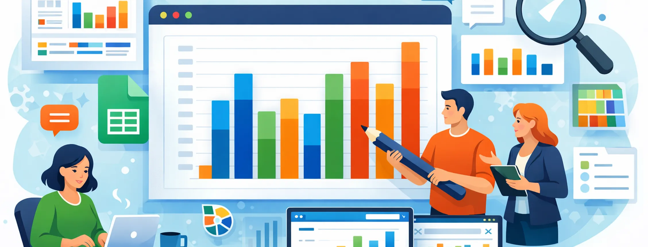 Team analyzing colorful bar charts on digital screens, with laptops, tablets, and data icons, depicting collaborative data analysis.