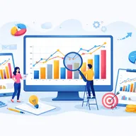 Illustration of people analyzing charts on screens, with graphs, tablets, coins, and a lightbulb symbolizing data analysis and business strategy.