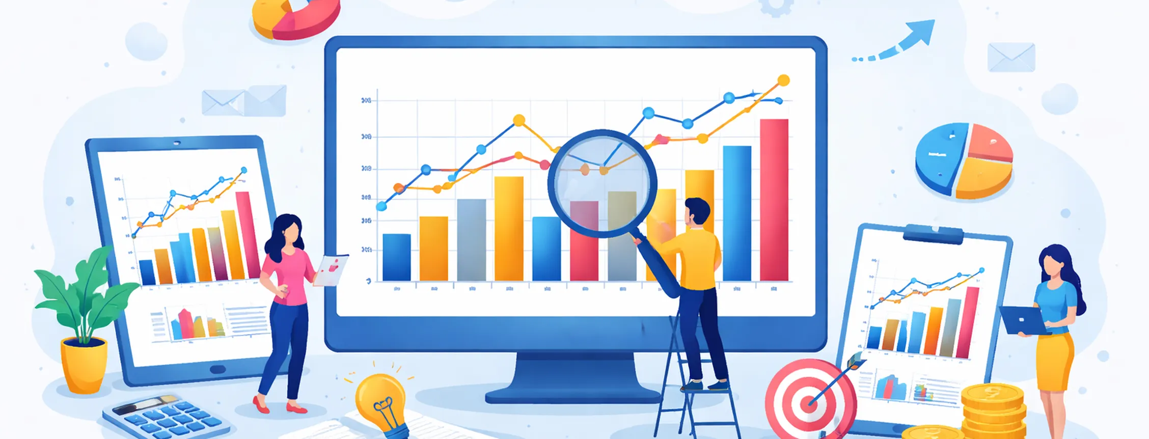 Illustration of people analyzing charts on screens, with graphs, tablets, coins, and a lightbulb symbolizing data analysis and business strategy.