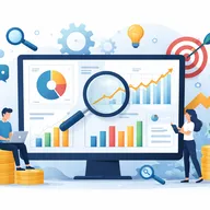 Illustration of two people analyzing financial data on a large screen with charts, graphs, and icons symbolizing growth and communication.