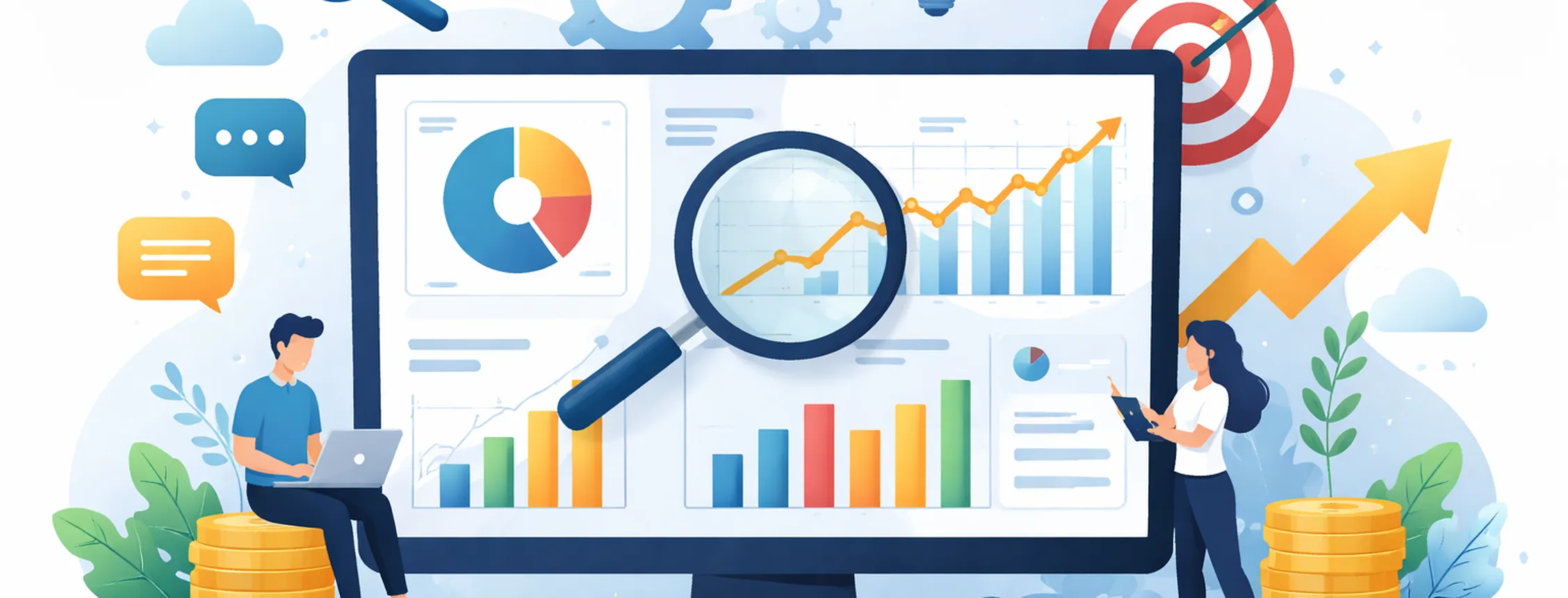 Illustration of two people analyzing financial data on a large screen with charts, graphs, and icons symbolizing growth and communication. AI-generated image