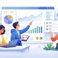 Three people collaborate in an office with charts, graphs, and a checklist on a screen, discussing data insights and strategies.