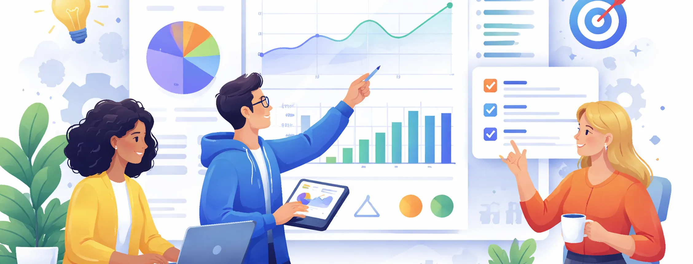 Three people collaborate in an office with charts, graphs, and a checklist on a screen, discussing data insights and strategies.