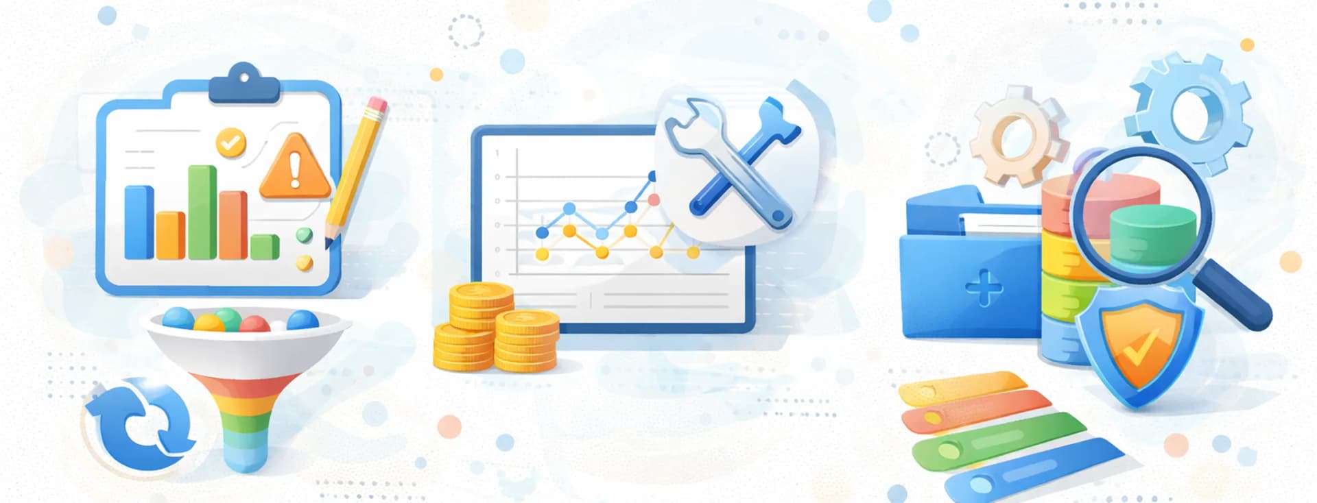 Colorful illustration of data analysis tools: clipboard with graphs, coins, gears, funnel, magnifying glass, shield, and bar charts.