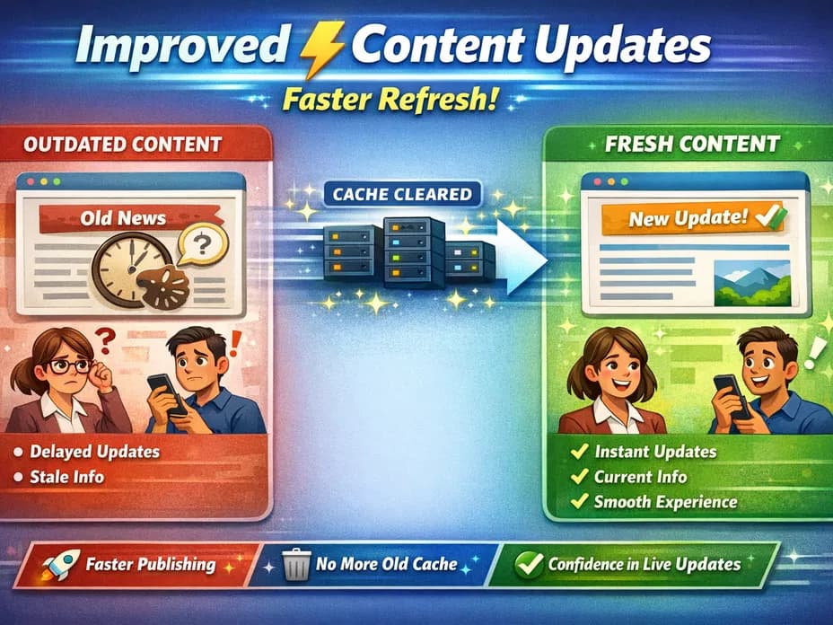 Illustration showcasing improved content updates with happier users and quicker content delivery after clearing outdated cache.