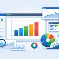 A digital dashboard displays various data visualizations, including bar graphs, pie charts, and line graphs, with colorful charts and icons.