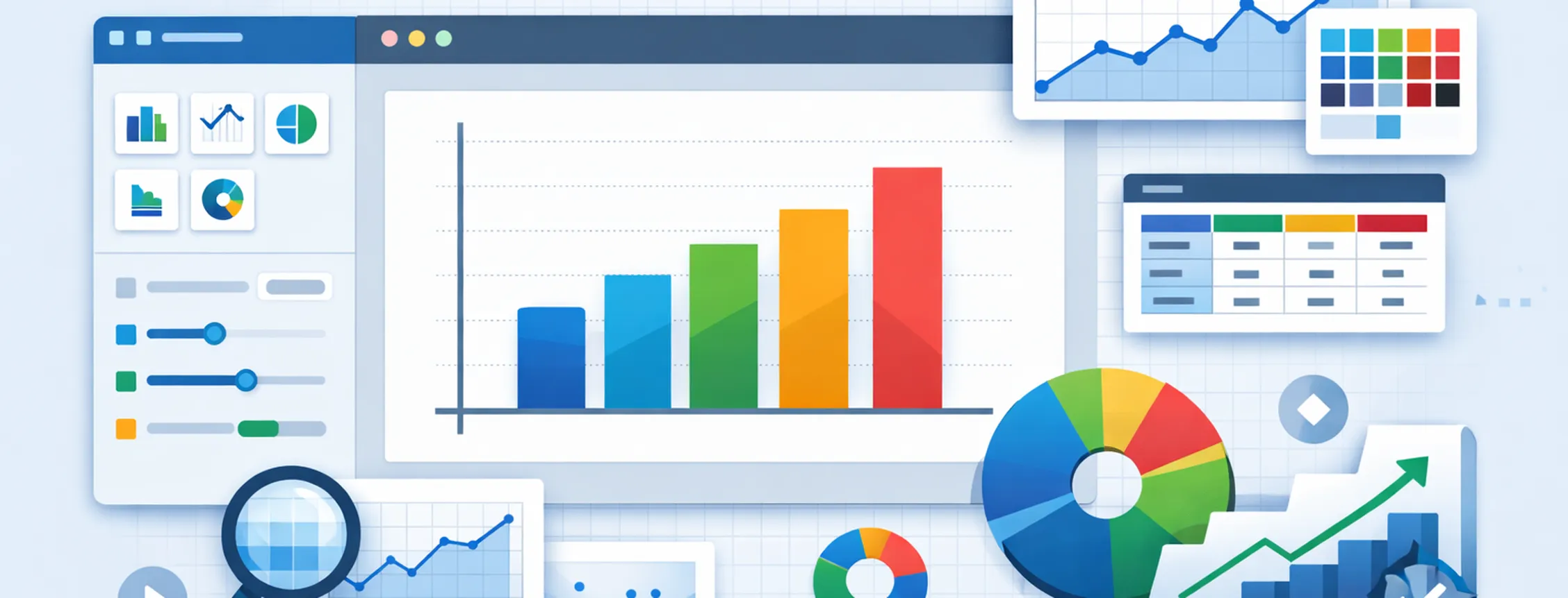 A digital dashboard displays various data visualizations, including bar graphs, pie charts, and line graphs, with colorful charts and icons.