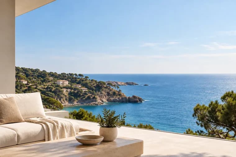 Vista de una terraza abierta con la Costa Brava de fondo