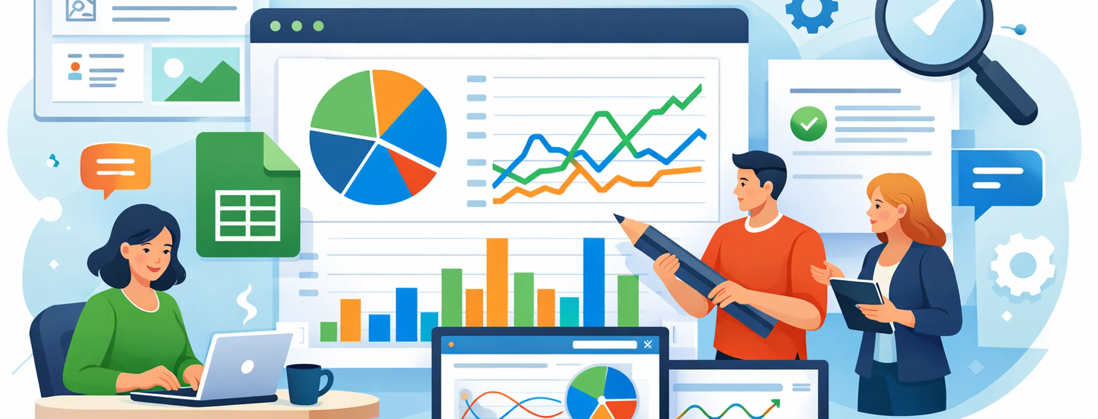 Illustration of people analyzing charts on screens, featuring graphs, pie charts, and data presentation in a digital workspace setting.