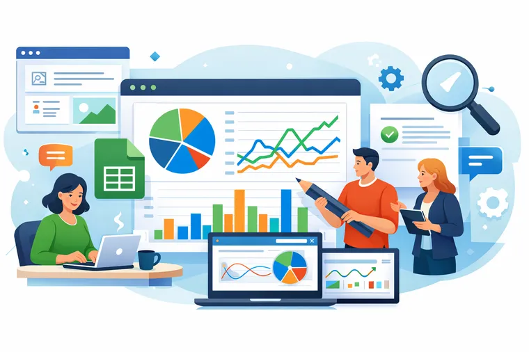 Illustration of people analyzing charts on screens, featuring graphs, pie charts, and data presentation in a digital workspace setting.