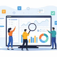Three people analyze data on a large screen displaying graphs, charts, and analytics icons. Two potted plants decorate the scene.