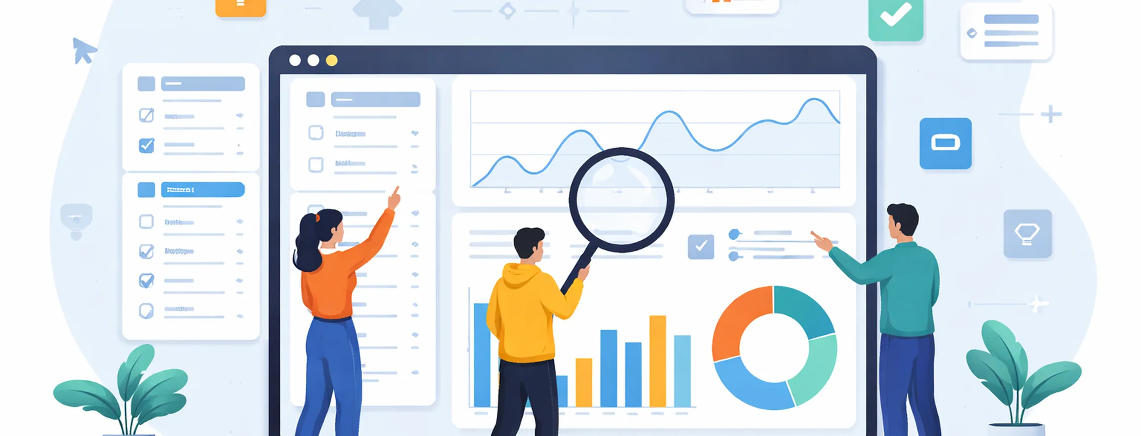 Three people analyze data on a large screen displaying graphs, charts, and analytics icons. Two potted plants decorate the scene.